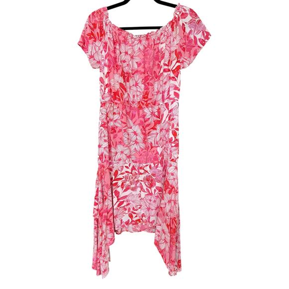 Caribbean Joe Women's Pink + Red Tropical Hawaiian Asymmetrical Dress Size Large - Picture 5 of 5